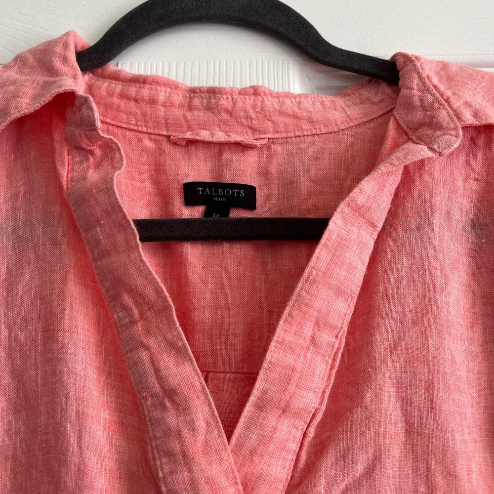 Talbots 100% Linen Salmon Pink Shirtdress Lagenlook Beachy Sz Large *PETITE* - Picture 3 of 11